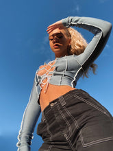 Load image into Gallery viewer, Raw Stitch Lace Up Long Sleeve Top in Steel Grey