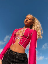 Load image into Gallery viewer, Raw Stitch Lace Up Long Sleeve Top in Pink
