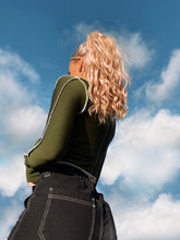 Load image into Gallery viewer, Raw Stitch Lace Up Long Sleeve Top in Khaki