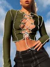 Load image into Gallery viewer, Raw Stitch Lace Up Long Sleeve Top in Khaki