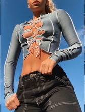 Load image into Gallery viewer, Raw Stitch Lace Up Long Sleeve Top in Steel Grey