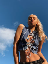 Load image into Gallery viewer, Raw Stitch Lace Up Sleeveless Top In Indigo Blue