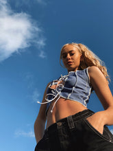 Load image into Gallery viewer, Raw Stitch Lace Up Sleeveless Top In Indigo Blue