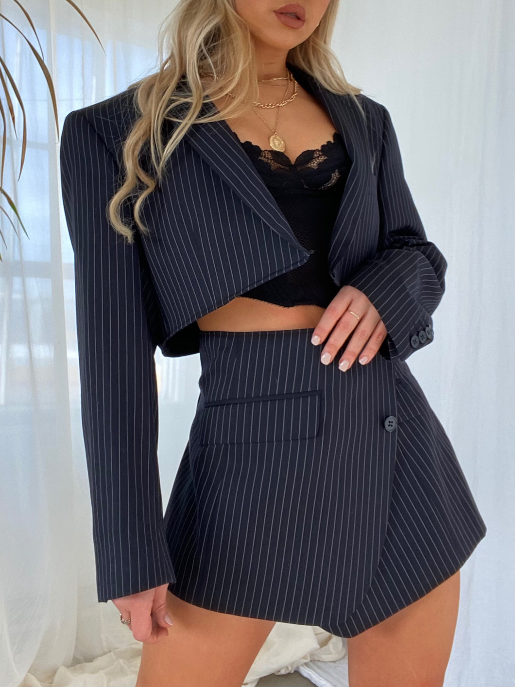 Black Pin Stripe Vintage Re-Worked Suit Jacket and Skirt