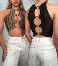 Load image into Gallery viewer, Y2k Reversible Brown Silk Jersey Crop With Gold Ring Detail &amp; Ruching
