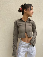 Load image into Gallery viewer, Raw Stitch Brown Flared Long Sleeve Top
