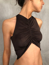 Load image into Gallery viewer, Y2k Reversible Brown Silk Jersey Crop With Gold Ring Detail &amp; Ruching
