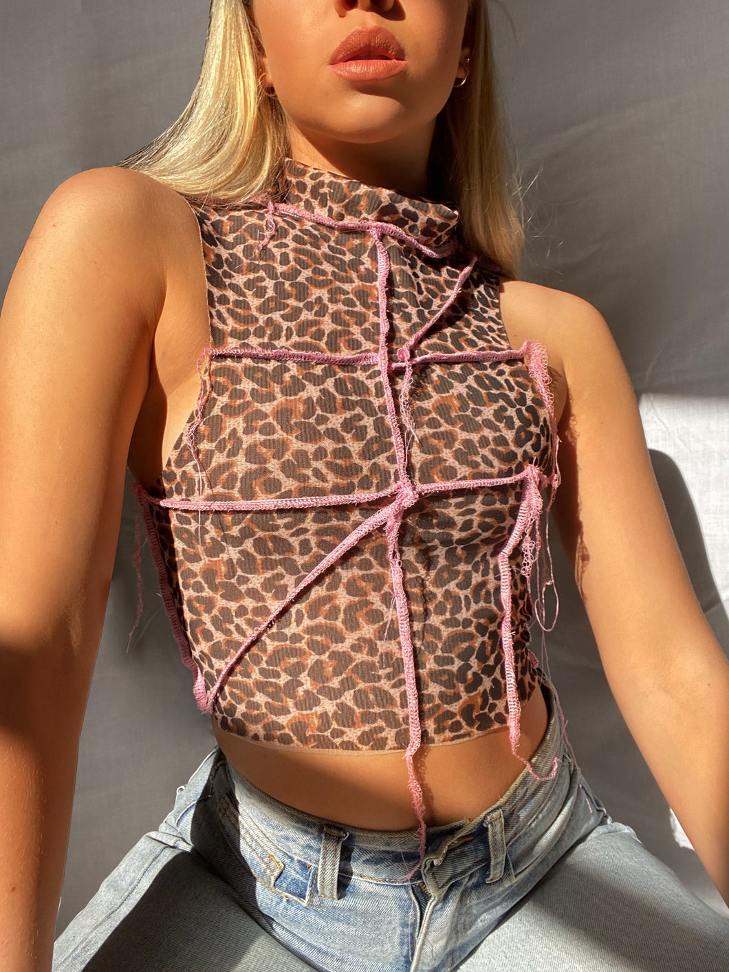 Raw Stitch Leopard Print High Neck Crop