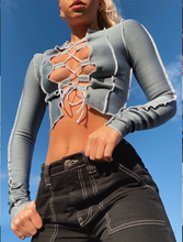 Load image into Gallery viewer, Raw Stitch Lace Up Long Sleeve Top in Steel Grey
